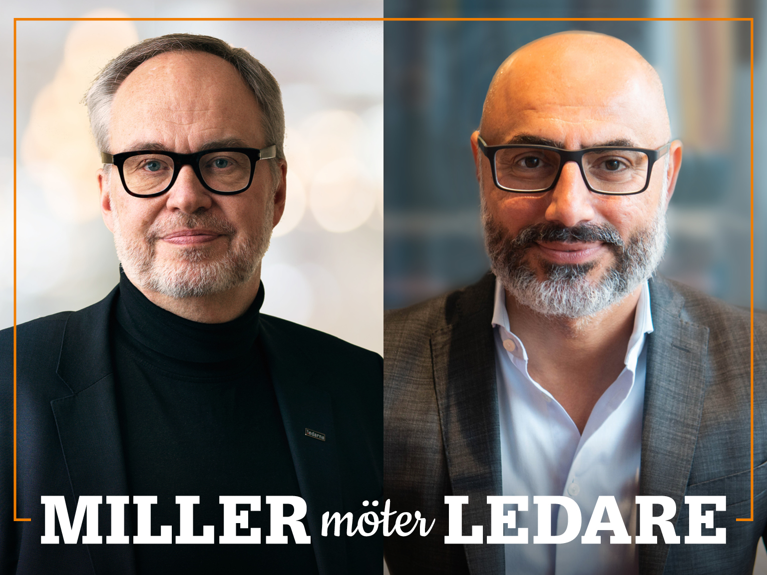 Omslag för podden Miller möter ledare – bild på Andreas Miller och Haval van Drumpt.