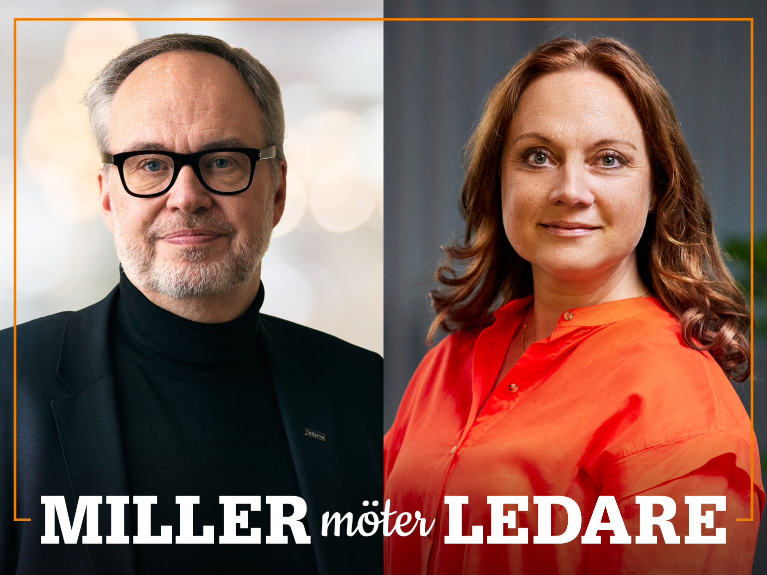 Omslag för podden Miller möter ledare – bild på Andreas Miller och Susanne Holmström.