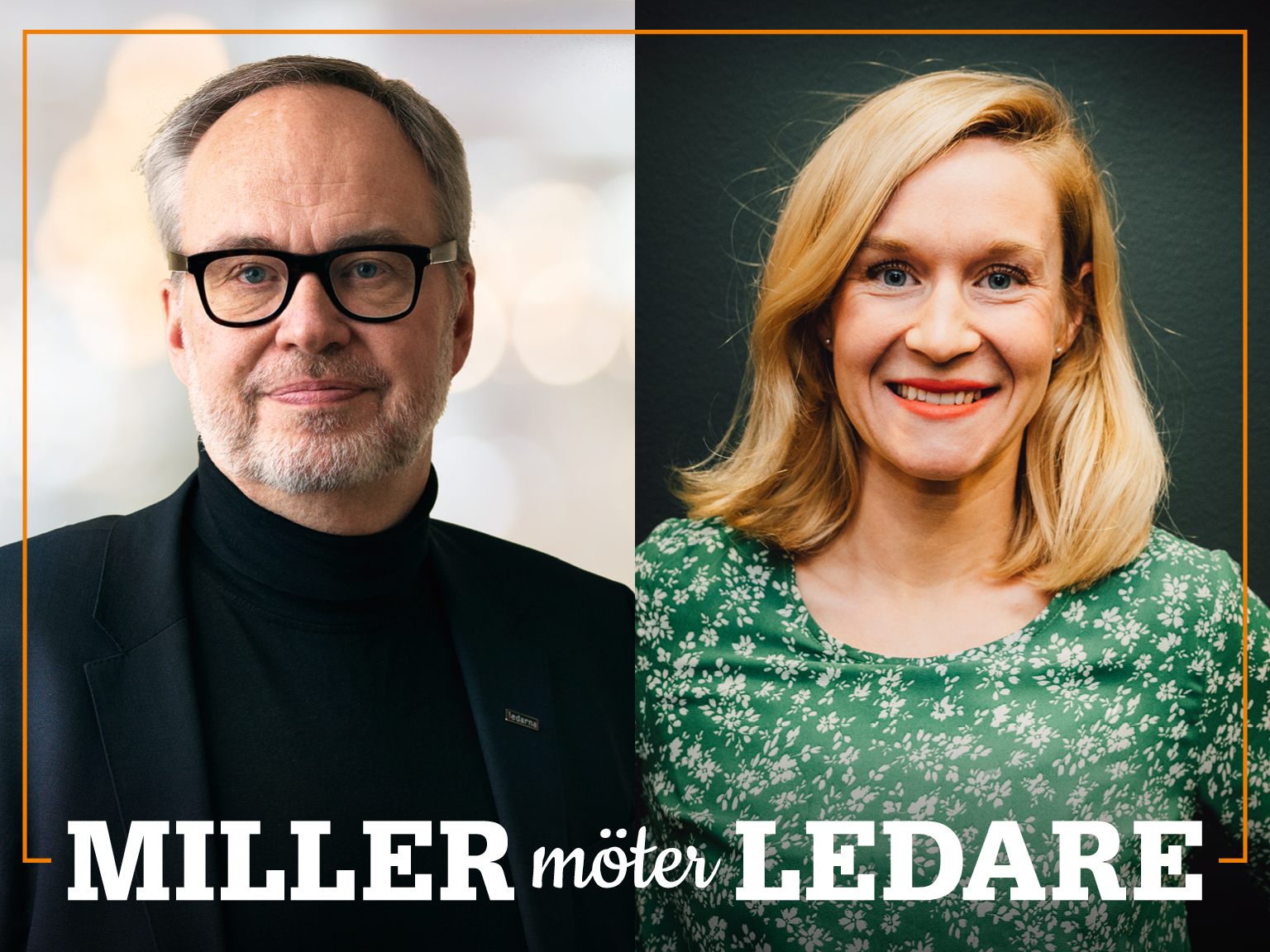 Omslag för podden Miller möter ledare – bild på Andreas Miller och Ida Troive.