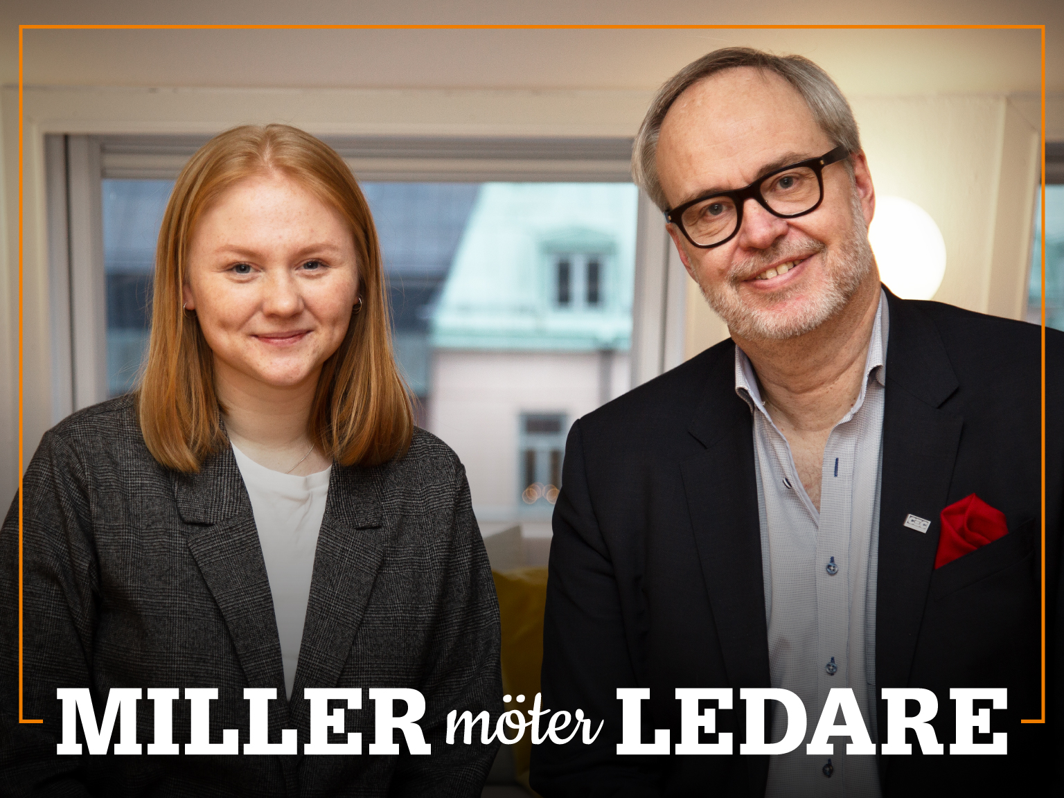 Omslag för podden Miller möter ledare – bild på Andreas Miller och Ida Alterå.