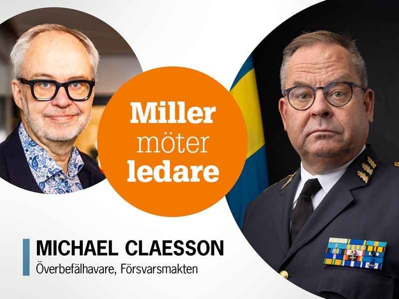 Omslag för podden Miller möter ledare. Bild på Andreas Miller och Michael Claesson.